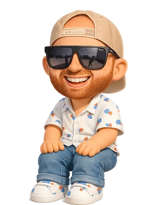 The Undesigner drawn as a chunky cartoon kid on the Backyard Designers bench