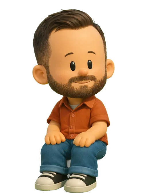 Noah Levin drawn as a chunky cartoon kid on the Backyard Designers bench