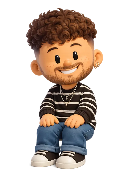 Oğuz Yağız Kara drawn as a chunky cartoon kid on the Backyard Designers bench