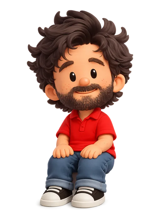 Pablo Stanley drawn as a chunky cartoon kid on the Backyard Designers bench