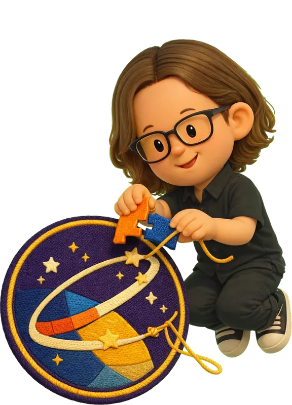 Patricia Klein drawn as a chunky cartoon kid mid-play in the Backyard Designers yard