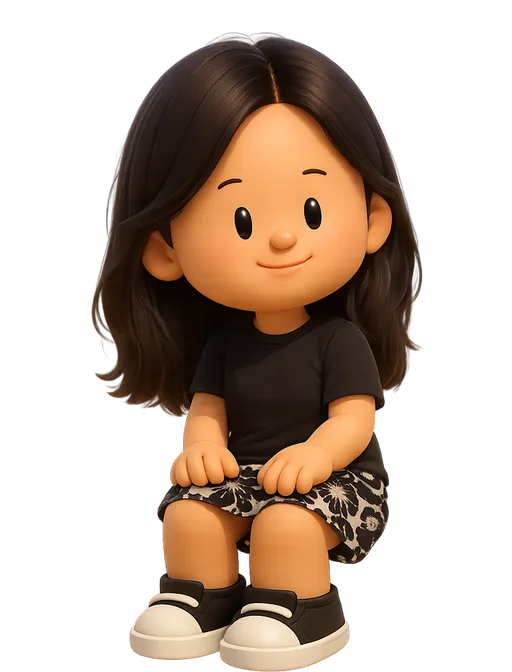Pauline Wee drawn as a chunky cartoon kid on the Backyard Designers bench