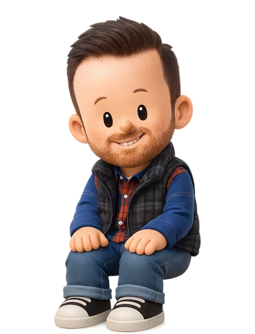 Derek Briggs drawn as a chunky cartoon kid on the Backyard Designers bench
