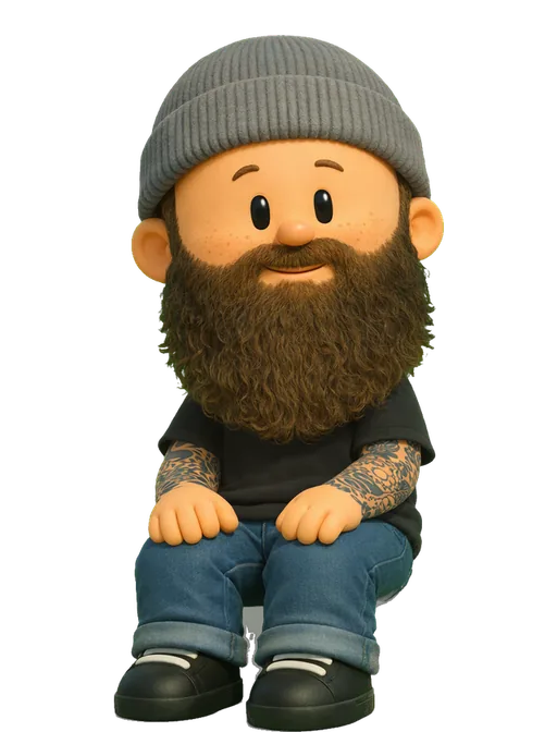 Dan Holdsworth drawn as a chunky cartoon kid on the Backyard Designers bench