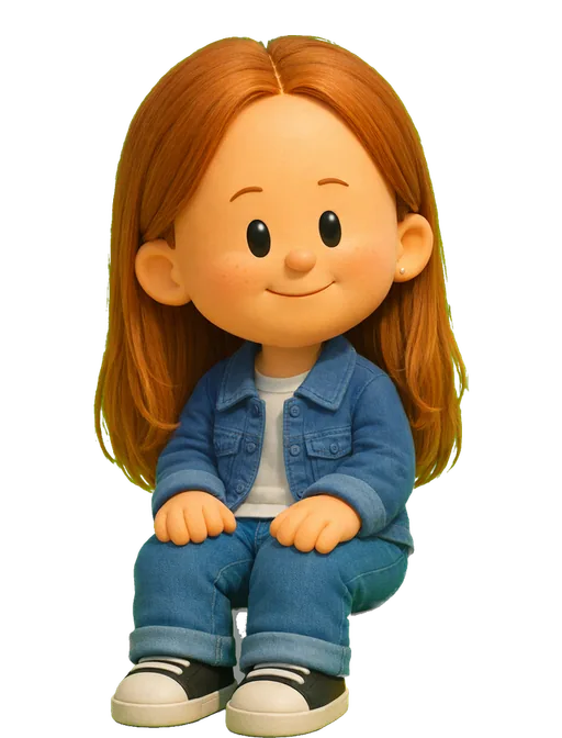 Polly D'Arcy drawn as a chunky cartoon kid on the Backyard Designers bench