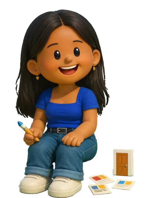 Pooja Jadav drawn as a chunky cartoon kid on the Backyard Designers bench