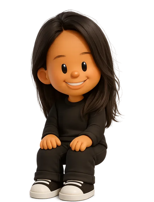 Pranathi Peri drawn as a chunky cartoon kid on the Backyard Designers bench