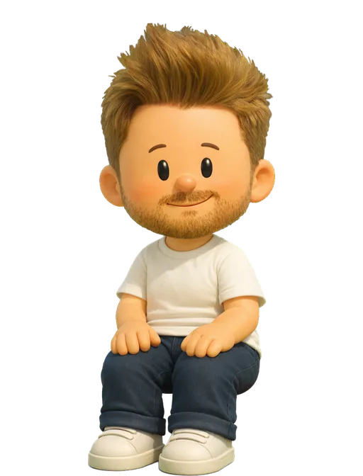 Rafa el Conde drawn as a chunky cartoon kid on the Backyard Designers bench