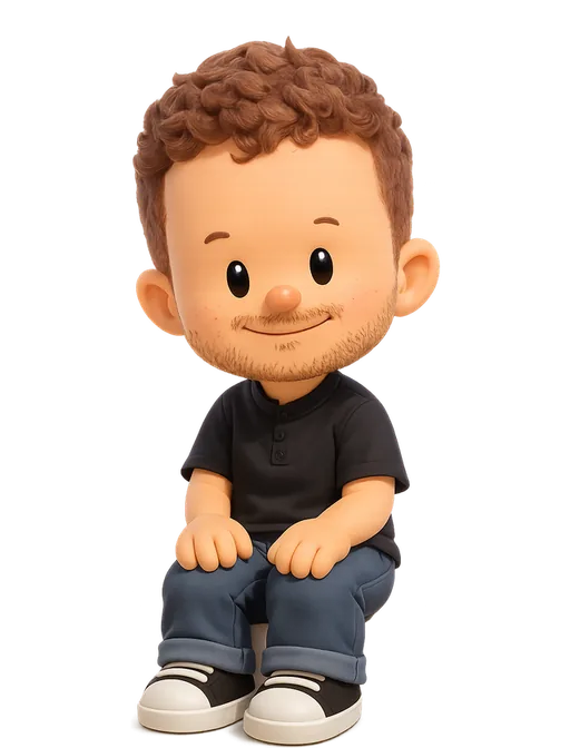 Raphael Schaad drawn as a chunky cartoon kid on the Backyard Designers bench