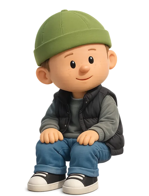 Rauno Freiberg drawn as a chunky cartoon kid on the Backyard Designers bench