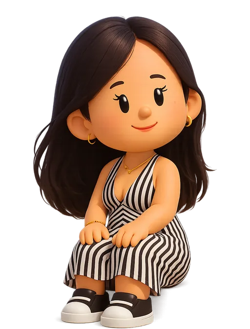 Resham Khanna drawn as a chunky cartoon kid on the Backyard Designers bench