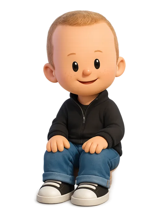 Ridd drawn as a chunky cartoon kid on the Backyard Designers bench
