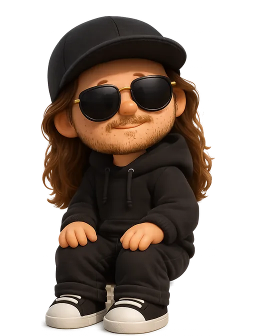 Riley Jones drawn as a chunky cartoon kid on the Backyard Designers bench