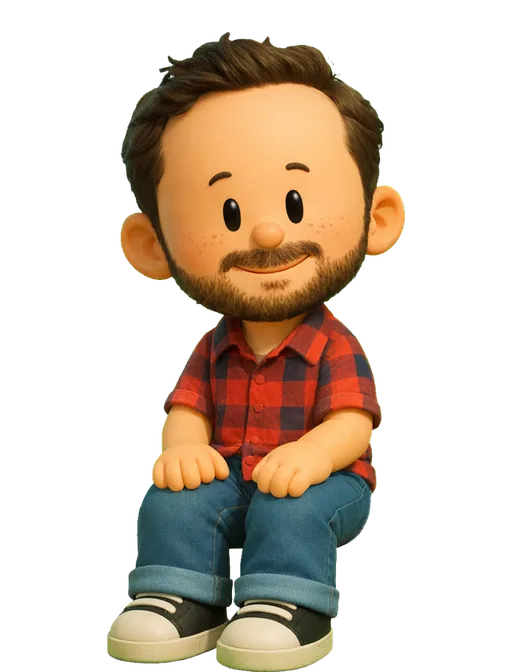 Rob Hope drawn as a chunky cartoon kid on the Backyard Designers bench