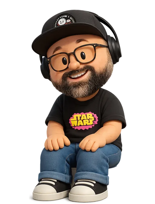Rogie King drawn as a chunky cartoon kid on the Backyard Designers bench