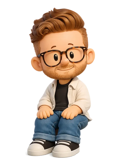 Maxim Leyzerovich drawn as a chunky cartoon kid on the Backyard Designers bench