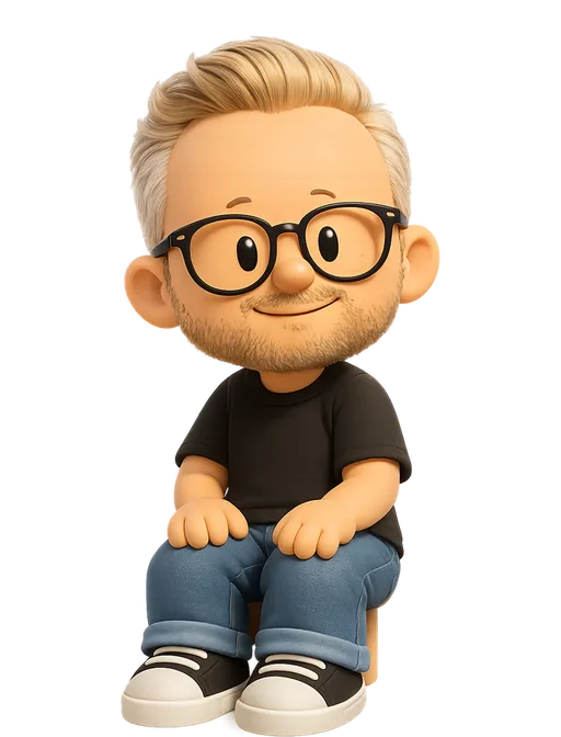 Rasmus Andersson drawn as a chunky cartoon kid on the Backyard Designers bench