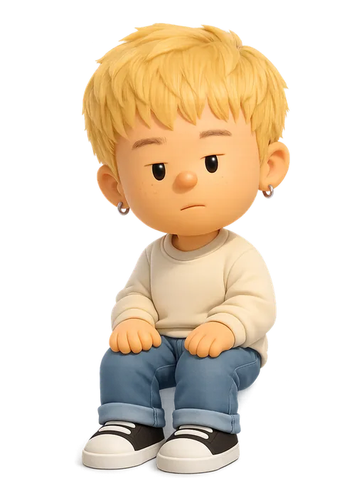 Ryo Lu drawn as a chunky cartoon kid on the Backyard Designers bench