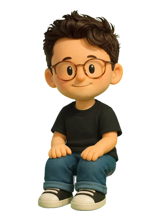 Ryan Miyoshi drawn as a chunky cartoon kid on the Backyard Designers bench