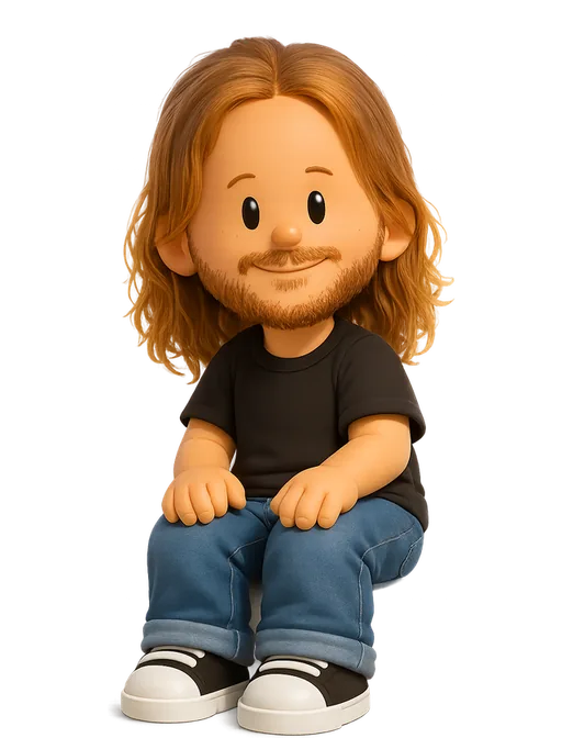 Sebastiaan de With drawn as a chunky cartoon kid on the Backyard Designers bench