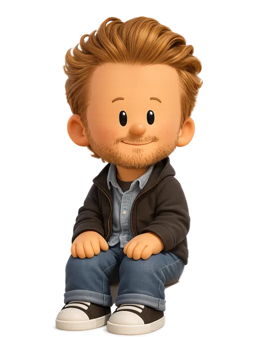 Seb Cornelius drawn as a chunky cartoon kid on the Backyard Designers bench