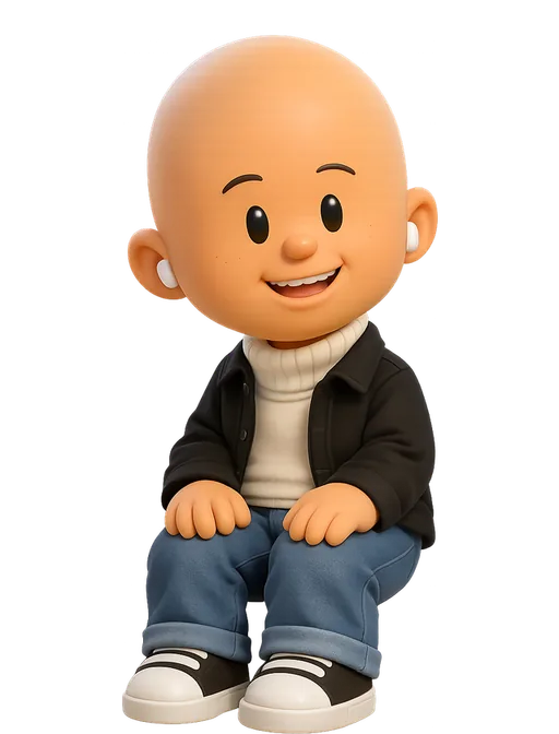 Soleio drawn as a chunky cartoon kid on the Backyard Designers bench