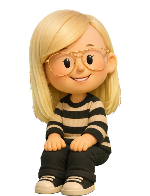Sara Vienna drawn as a chunky cartoon kid on the Backyard Designers bench