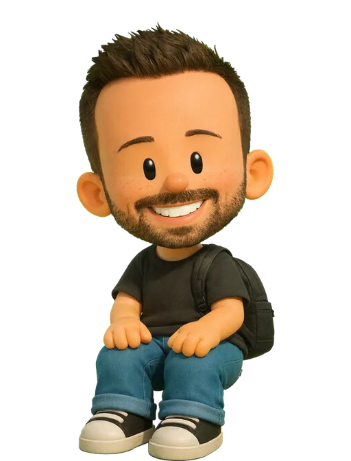 Paul Stamatiou drawn as a chunky cartoon kid on the Backyard Designers bench