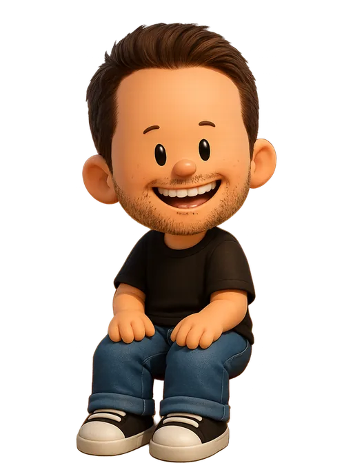 Stephen Haney drawn as a chunky cartoon kid on the Backyard Designers bench