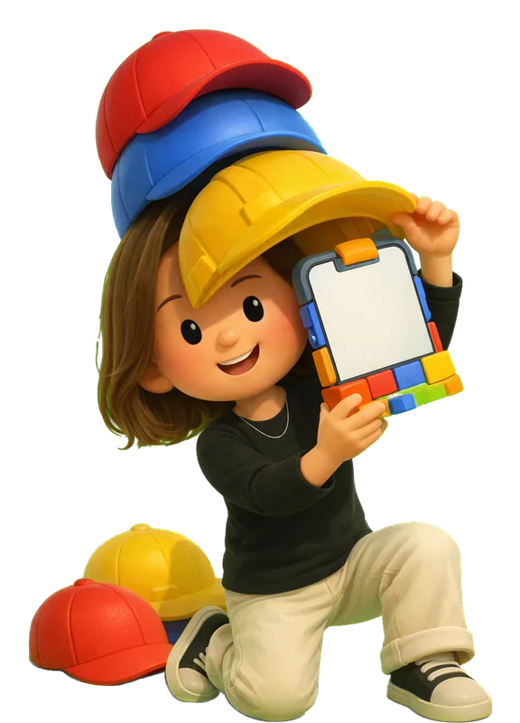 Julie Chabin drawn as a chunky cartoon kid mid-play in the Backyard Designers yard