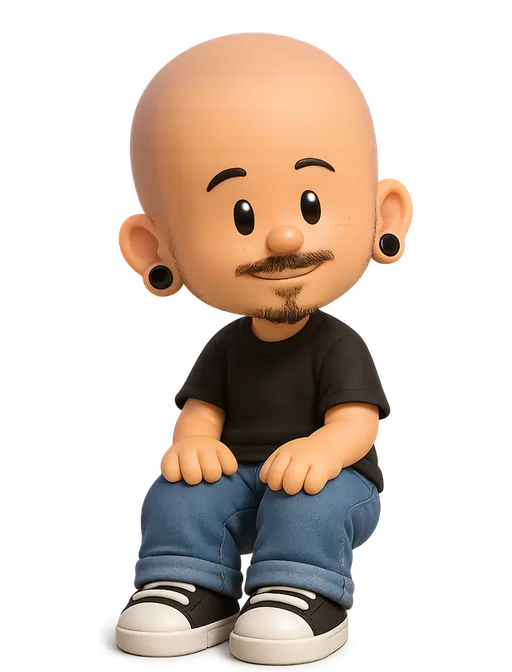T. Costa drawn as a chunky cartoon kid on the Backyard Designers bench