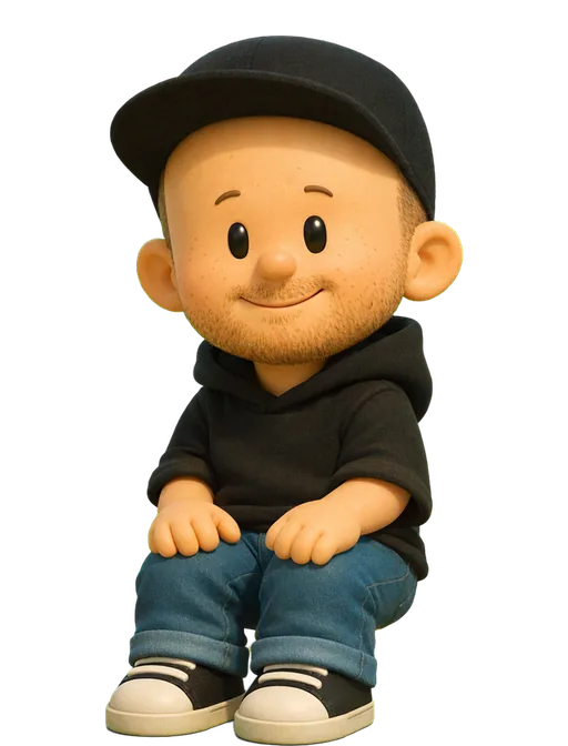 Finn McKenty drawn as a chunky cartoon kid on the Backyard Designers bench