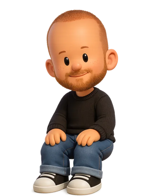 Nick Pattison drawn as a chunky cartoon kid on the Backyard Designers bench