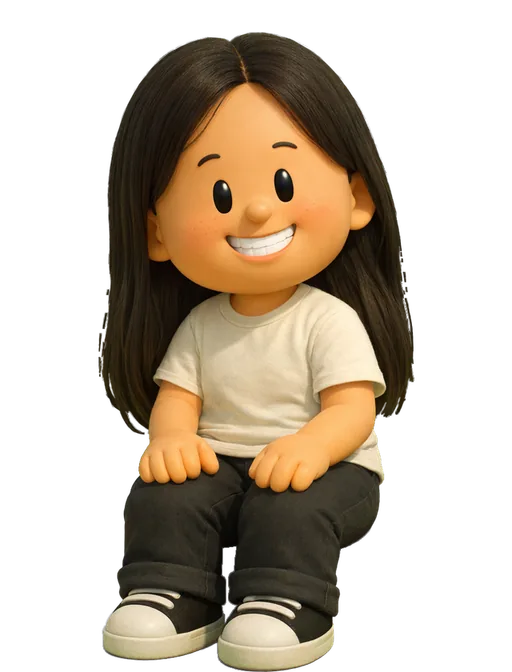 Christina Cook drawn as a chunky cartoon kid on the Backyard Designers bench