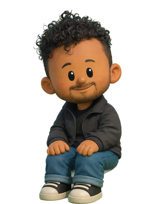 Tuhin Kumar drawn as a chunky cartoon kid on the Backyard Designers bench