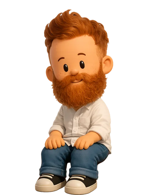 Tobias van Schneider drawn as a chunky cartoon kid on the Backyard Designers bench