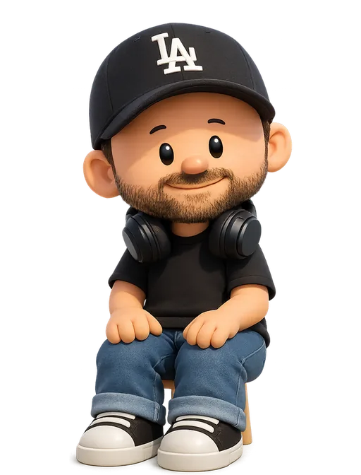 Cory Watilo drawn as a chunky cartoon kid on the Backyard Designers bench