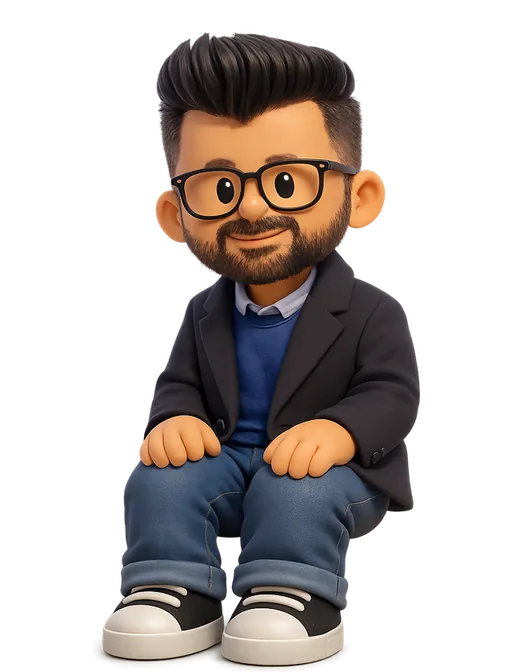 Darshan Gajara drawn as a chunky cartoon kid on the Backyard Designers bench