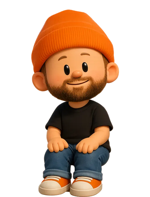 Wes Bancroft drawn as a chunky cartoon kid on the Backyard Designers bench