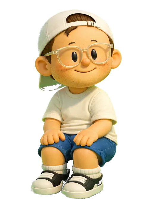 Will King drawn as a chunky cartoon kid on the Backyard Designers bench