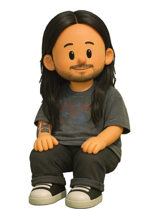 Jimmy Lee drawn as a chunky cartoon kid on the Backyard Designers bench