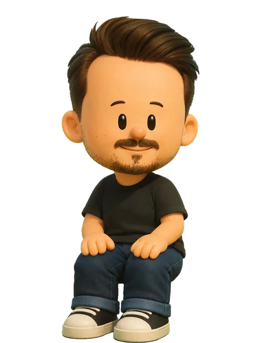 Yann-Edern Gillet drawn as a chunky cartoon kid on the Backyard Designers bench
