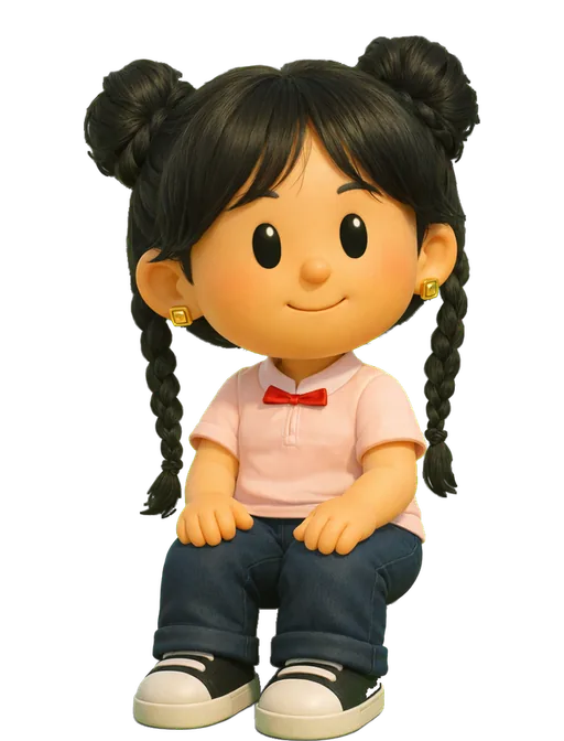 Cynthia Chen drawn as a chunky cartoon kid on the Backyard Designers bench