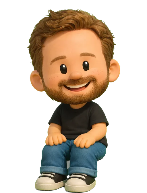 Zeh Fernandes drawn as a chunky cartoon kid on the Backyard Designers bench