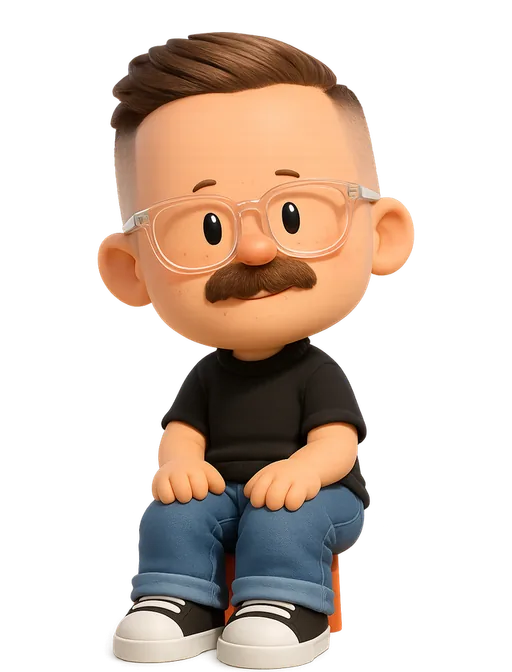 Frank Bach drawn as a chunky cartoon kid on the Backyard Designers bench